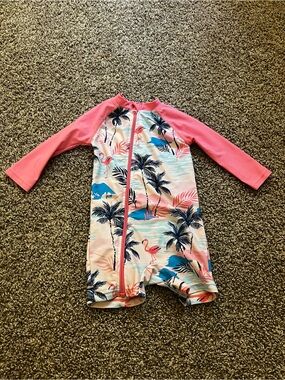 Kids Pink Tropical Flamingo Rash Guard One-Piece Swimsuit